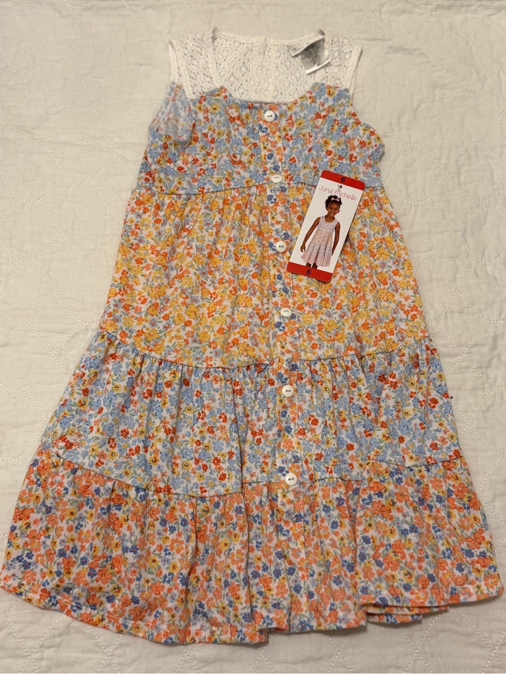 Jona Michelle White Lace Yoke Floral Tiered Dress - Blue, Orange, Yellow